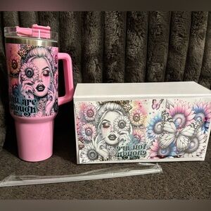 NEW 40 oz Shimmer Pink Tumbler with Floral and Butterfly Design
